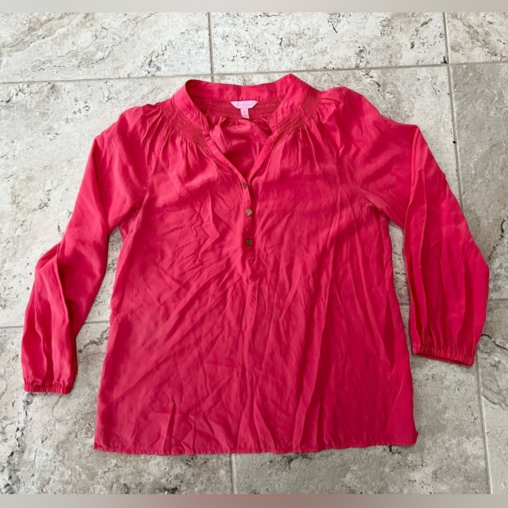 Lilly Pulitzer Elsa 100% Silk Long Sleeved Blouse Top in Parigi Pink, size M - Picture 10 of 10